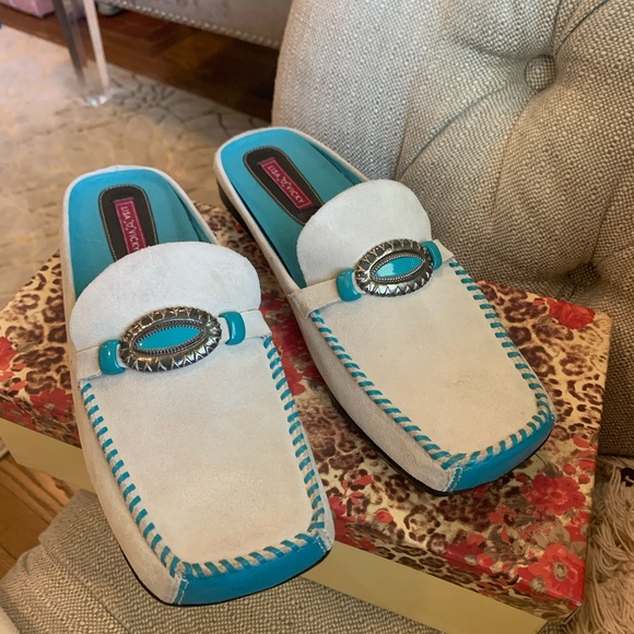 Turquoise and cream suede mules! - Picture 2 of 5